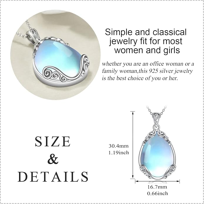 YAFEINI 925 Sterling Silver Moonstone Necklace Filigree Teardrop Pendant Necklace Jewelry for Women Girls
