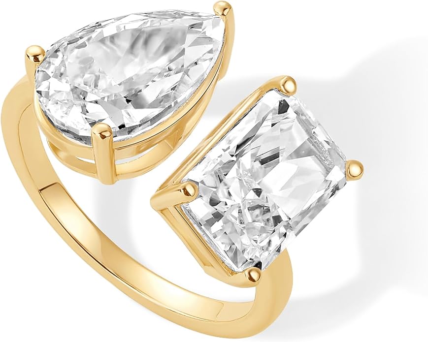 PAVOI 14K Gold Plated Toi Et Moi Radiant-Cut Pear-Shaped Cubic Zirconia Wedding Engagement Ring for Women - Statement Promise Ring