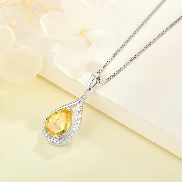 Teardrop Birthstone Necklace for Women 925 Sterling Silver White/Yellow Gold Plated Cubic Zirconia Pendant Necklace Jewelry for Her