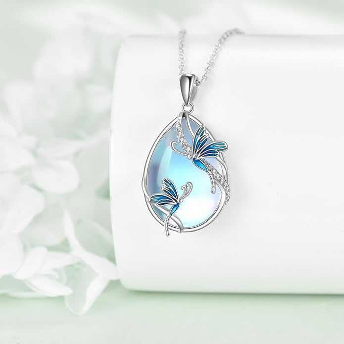 KQF Dragonfly/Butterlfy/Cat/Jellyfish/Bunny/Axolotl/Bee/Mermaid/Hummingbird/Elephant Necklace for Women Sterling Silver Moonstone Pendant Necklace Dragonfly Jewelry Gifts for Women