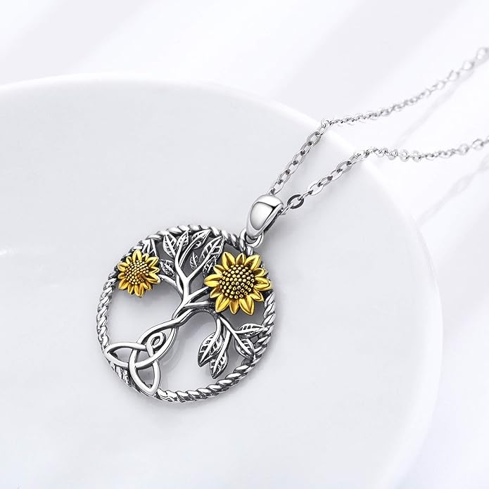CHENGHONG Sunflower Necklace 925 Sterling Silver Tree of Life Necklace Daisy/Rose/Sunflower Pendant Necklace Sunflower Jewelry Gifts for Women Mom