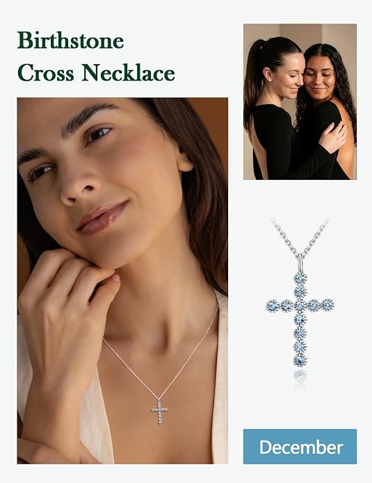 Sterling Silver Cross Necklace for Women Birthstone Religious Jewelry