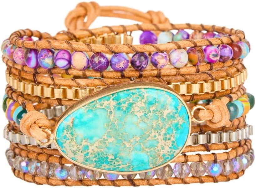 YGLINE Boho Leather Wrap Bracelet for Women- Gemstone Handmade Healing Crystal Beaded 5 Wrap Bohemian Jewelry Collection