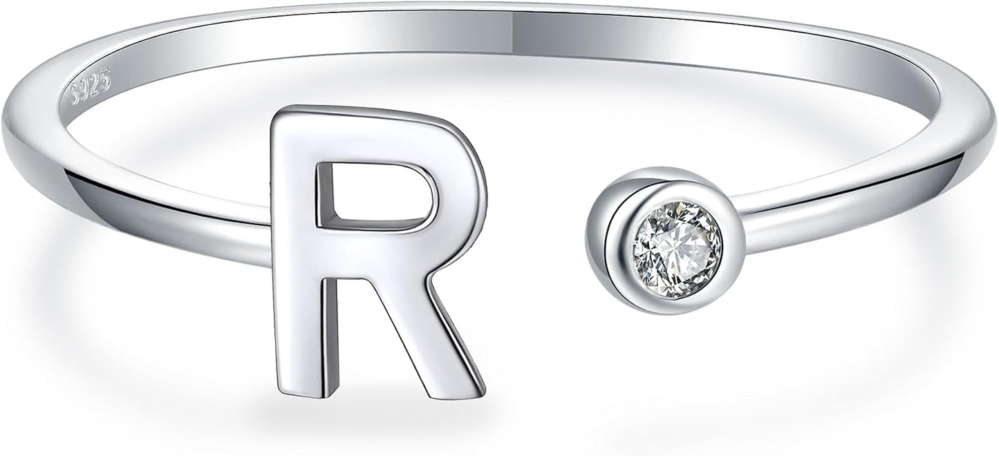925 Sterling Silver Initial Letter Birthstone Rings for Women Adjustable 1-12 Month Birthstone Alphabet Stacking Ring for Teens Girls Stackable Birthstone Rings Birthday Jewelry Gift for Daughter Mom