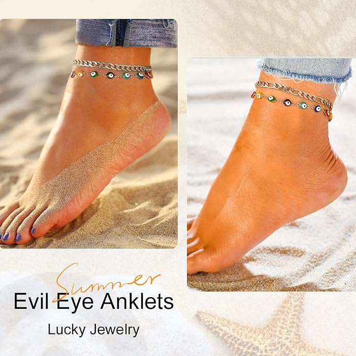Supcare Evil Eye Anklets for Women,Cuban/Figaro/Mariner/Snake Chain Layered Ankle Bracelet Gifts (with Gift Packing)