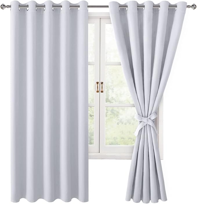 Hiasan Room Darkening Curtains for Bedroom, 60 x 72 Inches - Thermal Insulated & Energy Saving Window Drapes for Living Room/Dorm Room, Set of 2 Panels Sewn with Tiebacks, Greyish White
