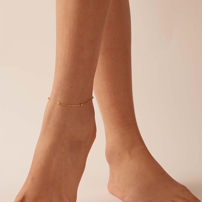 Dainty Ankle Bracelets for Women 18K Gold Plated Satellite Beaded Herringbone Lip Chain Anklets Simple Minimalist Summer Beach Foot Jewelry Christmas Gifts