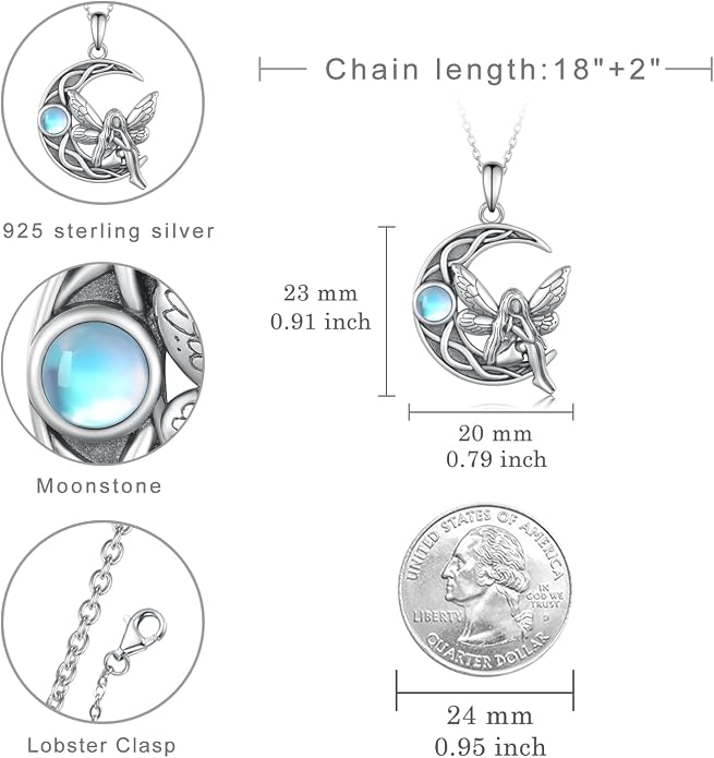 Dragon/Fairy Necklace 925 Sterling Silver Moonstone Crescent Moon Necklace Birthday Gifts for Women