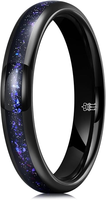THREE KEYS JEWELRY 4mm 8mm Black Tungsten Wedding Band for Men Women, Blue Green Sandstone & Purple Galaxy Inlay, Domed Polished Comfort Fit Anniversary Engagement Ring