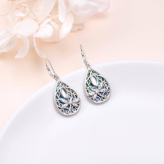 Dragonfly Filigree Earrings 925 Sterling Silver Created Abalone Shell Moonstone Teardrop Dangle Jewelry Birthday Mother’s Day Gifts for Women