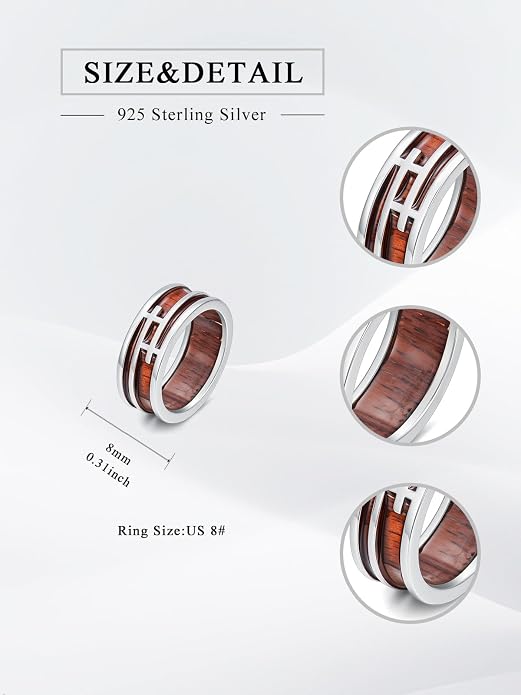 Wooden Celtic/Cross Ring 925 Sterling Silver Wedding Band Wood Mens Rings Engagement Ring Jewelry Gift for Men Women Size 8-14