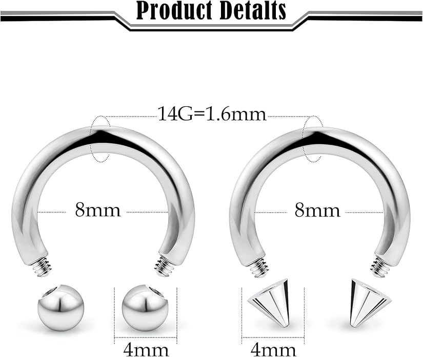 20G-00G Septum Rings horseshoes Nose Rings Hoops 316L Surgical Steel Snake Bites Lip Nipple Ring Cartilage Tragus Helix Rook Conch Daith Earrings Pa Piercing Jewelry for Women Men
