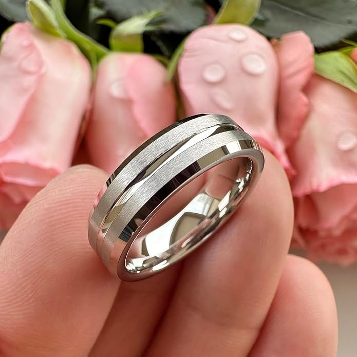 TUTISS 6mm 8mm White Tungsten Rings for Men Women Couple Fashion Jewelry Engagement Wedding Bands Matte Finish Beveled Edges Comfort Fit