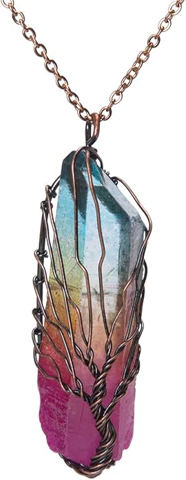 Bivei Life Tree Copper Wire Wrapped Crystal Necklace Chakra Pendant Natural Stone Quartz Reiki Jewelry Gift for Women