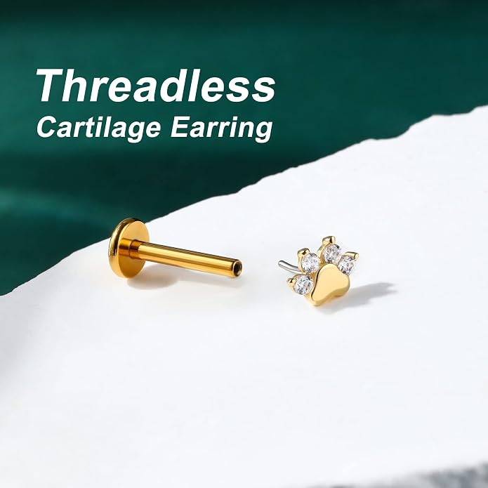 Cocharm 14K Solid Gold Cartilage Earring - Dog Paw Yellow Gold Flat Back Helix Stud, 16g