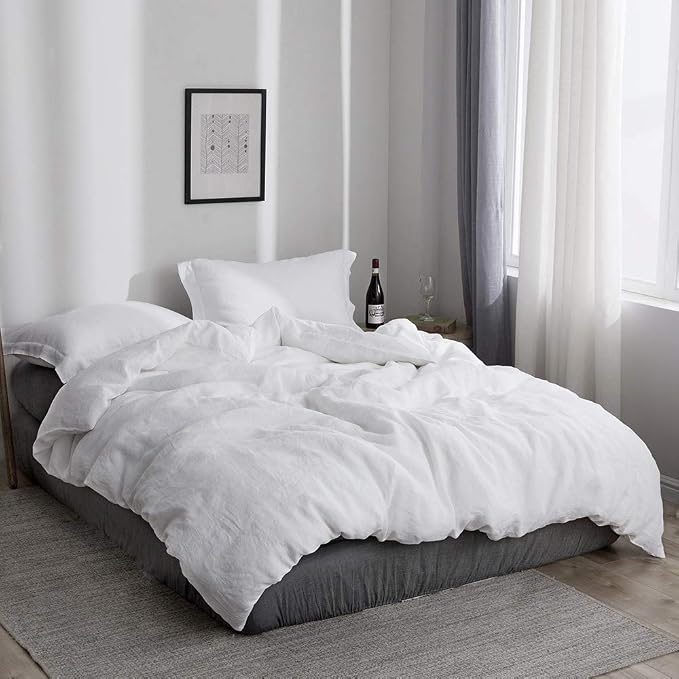Simple&Opulence 100% Linen Duvet Cover Set 3pcs Basic Style Natural French Washed Flax Solid Color Soft Breathable Farmhouse Bedding with Button Closure - White, Full