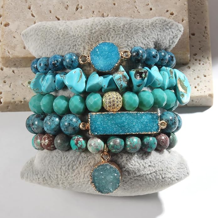 Yomisa 5PCS 6PCS Natural Boho Beaded Bracelets/Bangle for Women Men,Healing Turquoise Jasper Agate Crystal Gemstone Stone Chakra Multilayer Wrap Bohemian Handmade Jewelry Beads Stretch Bracelet Set