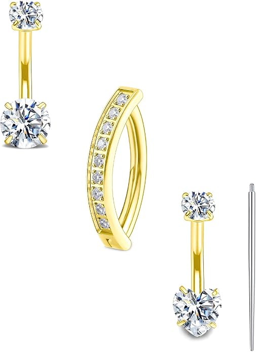 Kosuwo Mimosa Stone 925 Sterling Silver Navel Ring Women's Navel Piercing Jewelry Hypoallergenic Sterling Silver Navel Ring Cute Navel Piercing Ring 3-Piece Set