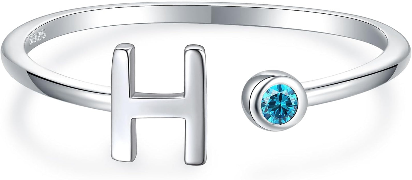 925 Sterling Silver Initial Letter Birthstone Rings for Women Adjustable 1-12 Month Birthstone Alphabet Stacking Ring for Teens Girls Stackable Birthstone Rings Birthday Jewelry Gift for Daughter Mom