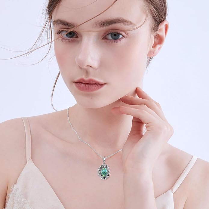 CRMAD Opal/Moonstone/Turquoise Locket Necklace for Women Sterling Silver Oval-Shaped Opal Locket Pendant Holds Pictures Always with You Vintage Style Photos Locket Jewelry Gifts for Loved One