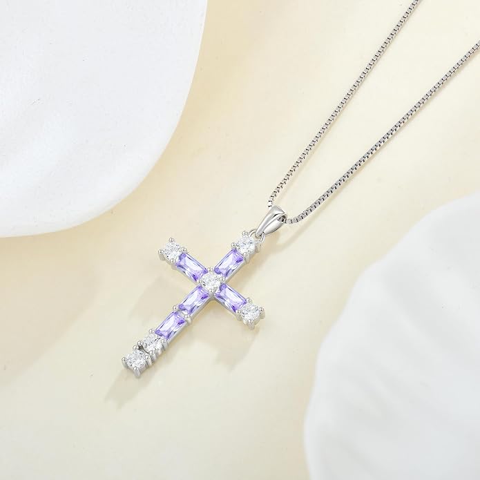Birthstone Cross Necklace for Women 925 Sterling Silver Christian Religious Crucifix Pendant Rectangular Cut Birthstone Jewelry Gifts for Her