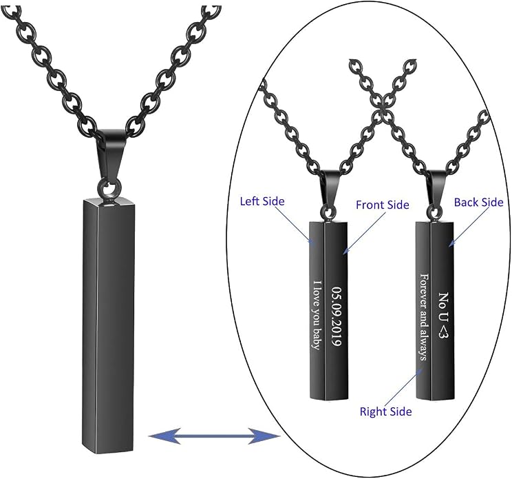 Zysta Engraving 3D Bar Name Necklace Personalized Text Message Cool Simple Design Women Customized Dangle Vertical Cuboid Stick Pendant Necklaces Stainless Steel Birthday Gift