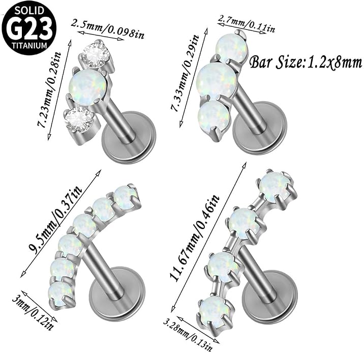 2PCS G23 Titanium Fire Opal CZ Labret Stud Piercing Cartilage Helix Tragus Climber Earrings for Men Women Lip Monroe Body Piercing Jewelry