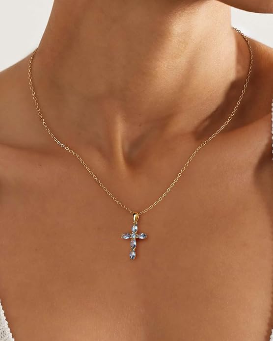 14K Gold Plated 925 Sterling Silver Birthstone Cross Necklace for Women Men