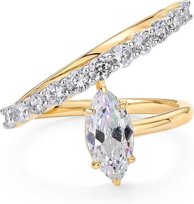 PAVOI 14K Gold Plated Wavy Engagement Ring for Women | Solitaire Cubic Zirconia Wedding Band & Promise Rings for Her | Trendy Fashion Jewelry