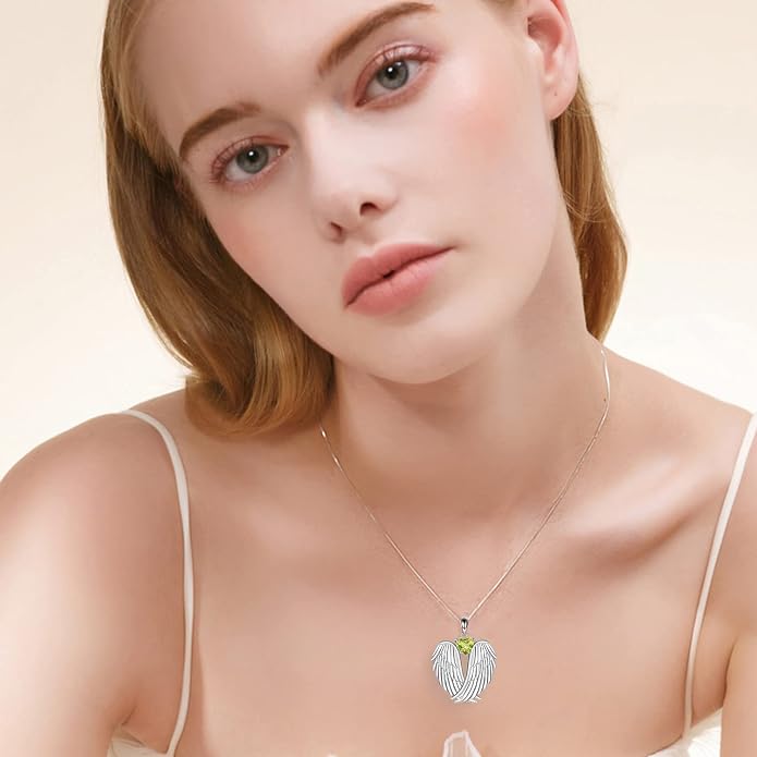 YFN Angel Wings Necklace 925 Sterling Silver Guardian Angel Wings Pendant Necklace Birthstone Necklace for Women Girls Christmas Jewelry Gifts