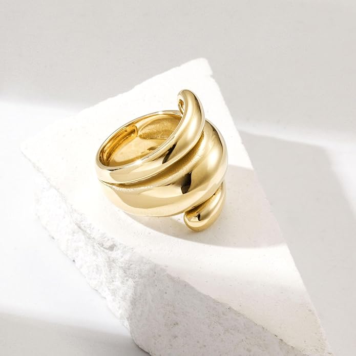 CIUNOFOR Chunky Statement Rings for Women, 14K Gold Plated Stainless Steel Dome Ring, Wide Band Retro Dome Jewelry Gift, Non-Tarnish Adjustable Fashion Ring, Fit Size 6 to 10