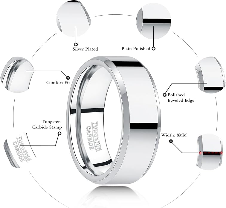 Vakki Tungsten Ring for Men 4mm 6mm 8mm Silver Plain Engagement Wedding Band High Polish Finish and Beveled Edges Comfort Fit Size 5-12