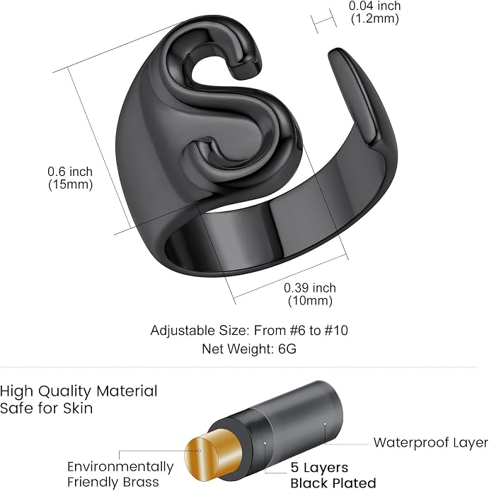KeyStyle Bold Initial Letter Rings Adjustable, GoldChic Jewelry Women Gold Statement Ring Personalized Engraved Women’s Open Signet Ring for Party (Gold, White Gold, Black)