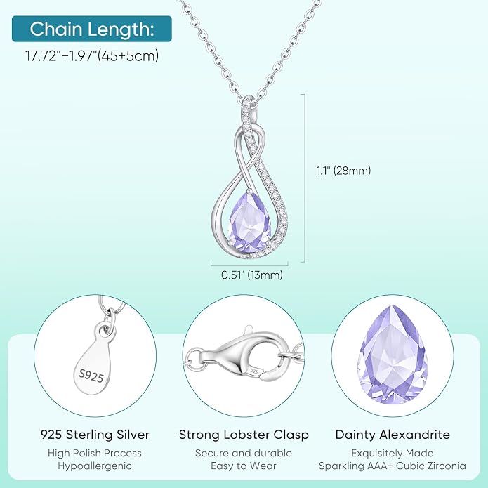 Birthstone Necklaces for Women Mothers - 925 Sterling Silver Dainty Infinity Cubic Zirconia Pendant Necklace Anniversary Birthday Christmas Gifts for Her Wife Mom Lady Daughter, Adjustable Chain