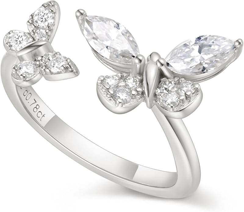 Moissanite Flower/Butterfly/Star Pretty Open Ring for Women, Adjustable Ring, Solid 925 Sterling Silver with Gold Plated, Stackable Ring, Birthday Valentines Anniversary Mothers Day Ideal Gift for Her