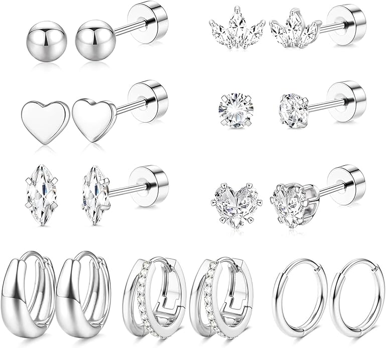 Stainless Steel Stud Earrings Set for Women Hypoallergenic Flat Back Cartilage Earrings Screw Back Huggie Hoop Earrings Multiple Piercing Cubic Zirconia Helix Tragus Jewelry