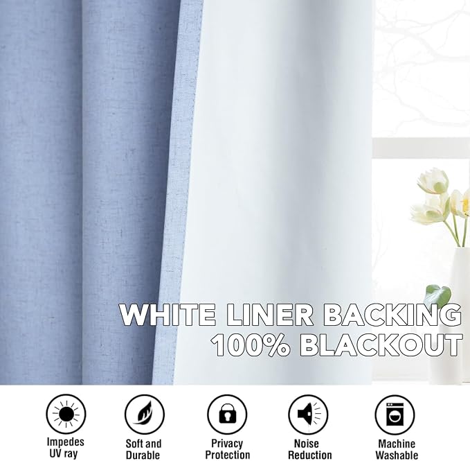 H.VERSAILTEX Linen Curtains 100% Blackout Curtains for Bedroom 96 inch Long Full Light Blocking Nature Linen Blended Window Curtains for Living Room Nickel Grommet (2 Panels, Heathered Chambray Blue)