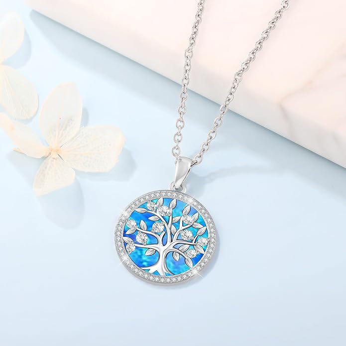 Aniu Tree of Life Necklace for Women, 925 Sterling Silver Mother of Pearl Family Palm Tree Charm Pendant Jewelry for Birthday Christmas Gift