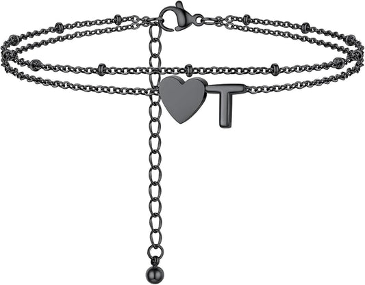 Initial Ankle Bracelets for Women, Dainty Stainless Steel Letter A-Z Layered Anklets, Heart Ankle Bracelet 8.5"-10.5" Adjustable, Summer Beach Jewelry, Come with Box