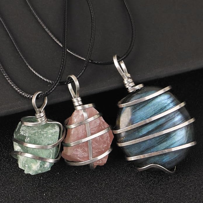 Natural Gemstone Pendant Necklace For Men & Women Spiritual Jewelry Wire Wrapped Gemstone Chakra Necklaces Real Stones For Him & Her