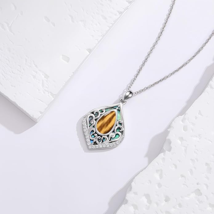 HPQQ Filigree Gemstone Necklace 925 Sterling Silver Teardrop Bohemian Necklace Abalone Shell Jewelry Birthday Gifts for Women