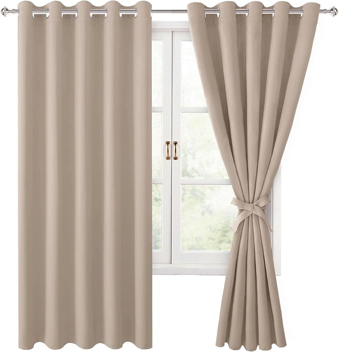 Hiasan Blackout Curtains for Bedroom, 60 x 63 Inches Length - Thermal Insulated & Light Blocking Window Curtains for Living Room/Kids Room, 2 Drape Panels Sewn with Tiebacks, Camel