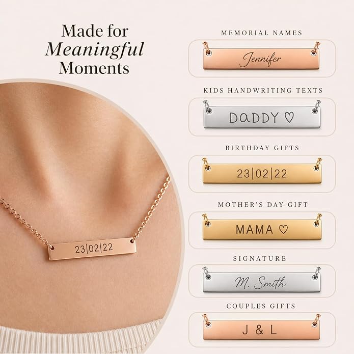 Personalized bar necklace for women, custom engraved stainless steel name plate necklace gift gold, silver and rose gold for mothers day, coordinates, dates, roman numeral, friendship, christmas