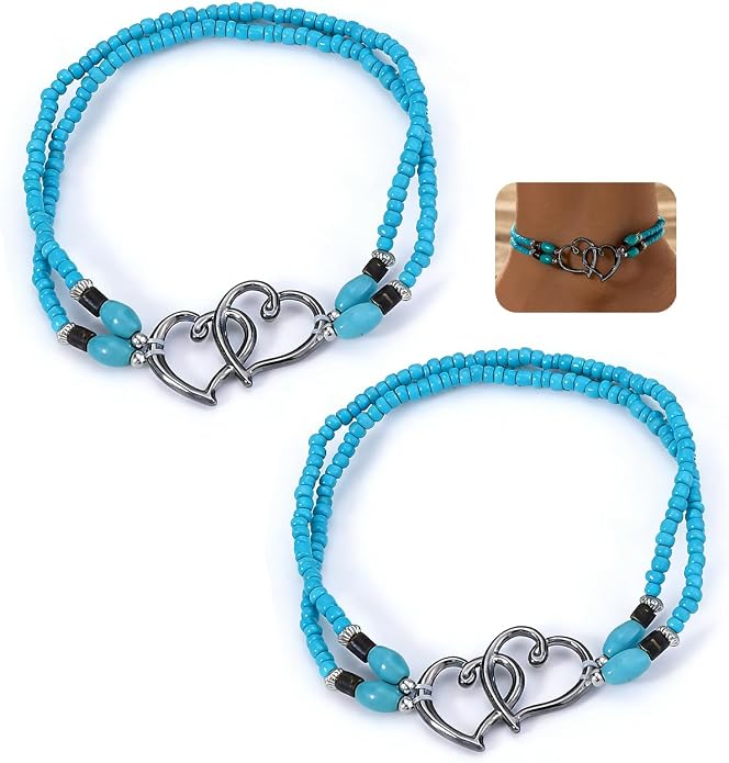 2PC Ankle Bracelets for Women Beaded Heart Ankle Bracelet Waterproof Bohemian Big Plus Size Anklets Summer Beach Accessories Boho Jewelry