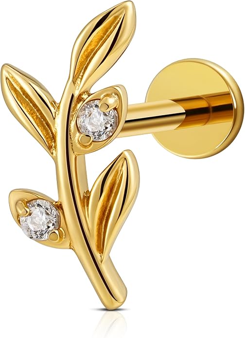 FINE4U 1PC Leaf Flat Back Stud Flat, Helix, Conch, Tragus 6mm 8mm - ASTM F136 Titanium Screw on Body Piercing Jewelry