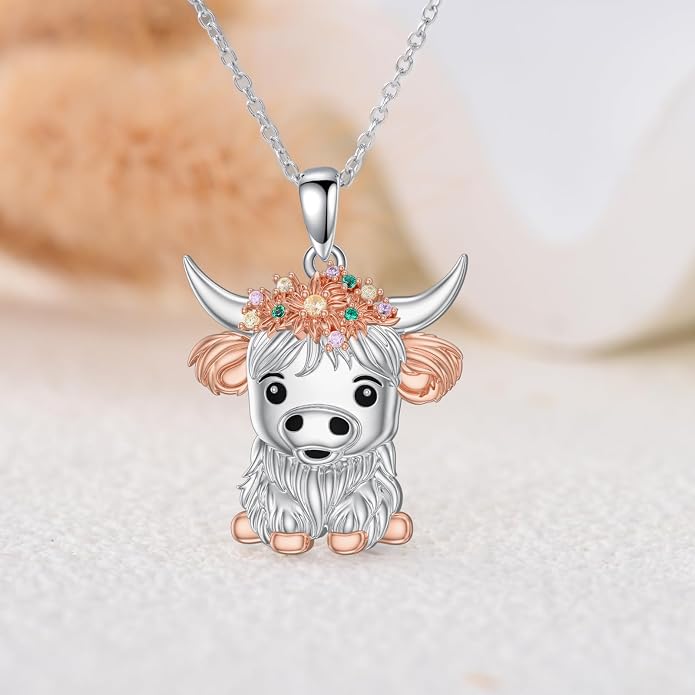 Highland Cow Gifts for Women 925 Sterling Silver Highland Cow Birthstone Necklace Fluffy Cow Jewelry Gifts Birthday Christmas