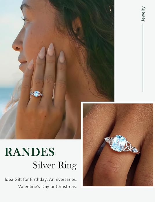 925 Sterling Silver Birthstone Rings for Women Cushion Cut Engagement Celtic Knot Ring Irish Jewelry Created Gemstone Anniversary Rings Size 6-10(with Box)