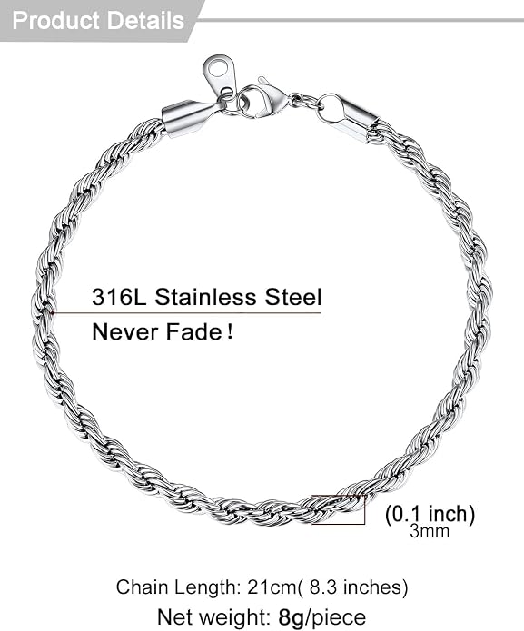 U7 Link Bracelets for Men, Cuban Link/Rope/Watch Band Solid Bracelet, Silver Black Gold Color Wrist Bracelet 3/6/9/12/15mm Width, 6.5/7.5/8.3 Inch Length, Hand Chain Jewelry for Mens Women