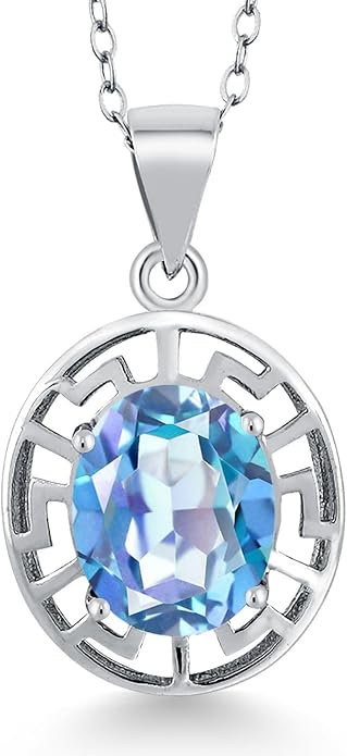 Gem Stone King 925 Sterling Silver 10X8MM Oval Gemstone Birthstone Necklace | Greek Key Pendant Necklace for Women | With 18 Inch Silver Chain