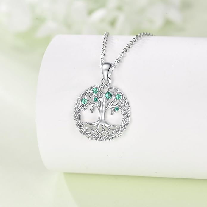 VONALA Tree of Life Necklace 925 Sterling Silver Abalone/Crystal Celtic Knot Family Tree Filigree Pendant Necklace Tree Jewelry Gift Women